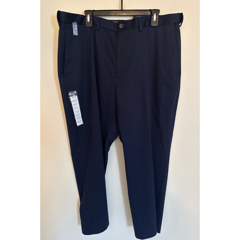 Haggar Premium No Iron Khaki Pants Mens 42x29 Navy Flat Classic Fit Stretch NWT
